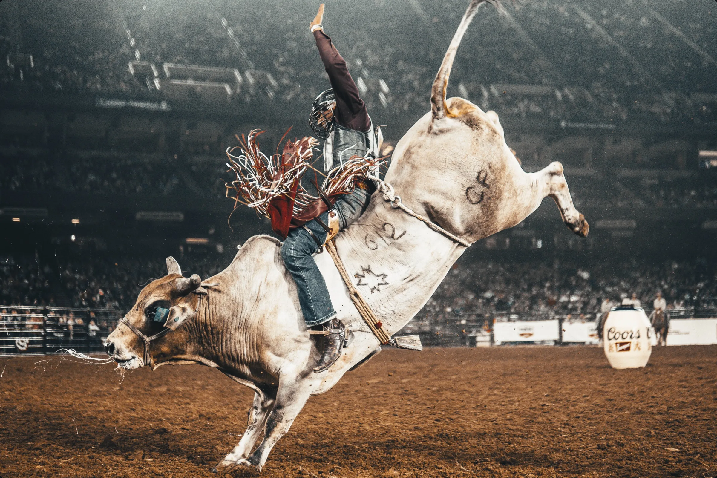 Bull rider mid-buck in the Chase Field arena at The Hondo Rodeo Fest